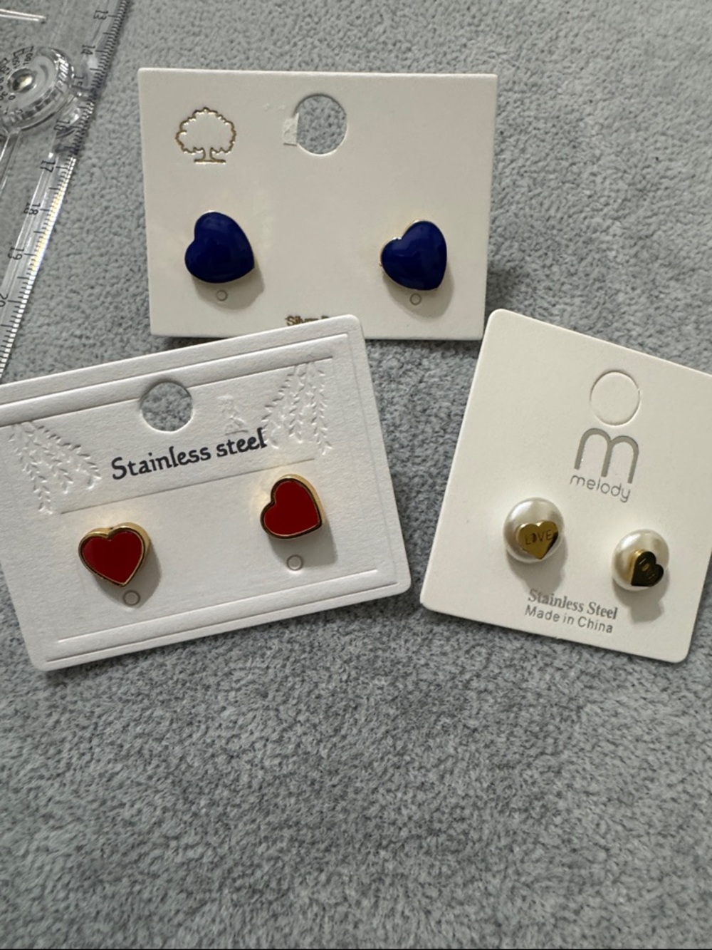 Melody Heart Stud Earring Set — Blue, Red, Gold